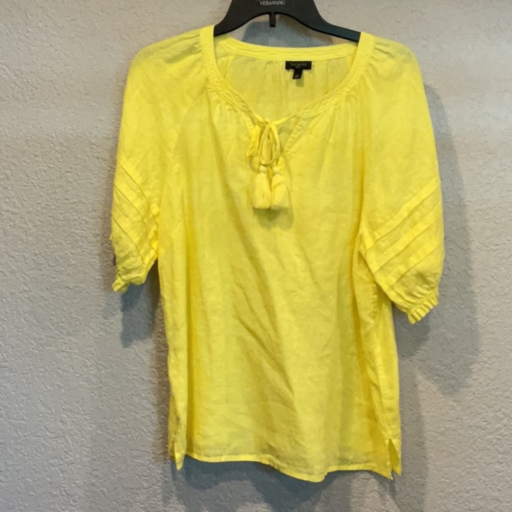 Talbots Linen Yellow 3/4 Sleeve Tie Front Blouse PL